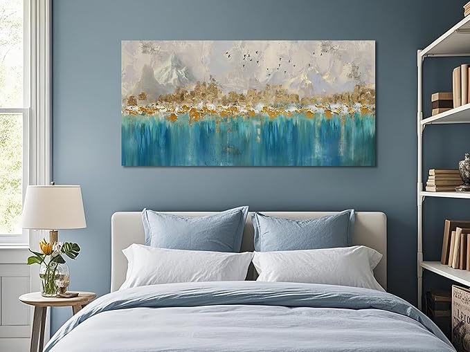 Arjun Abstract Canvas Wall Art for Mens Room, Gold Mountain Hand Painted Textured Large Bedroom Painting Artwork Framed Home Office Wall Decor 40"x20"