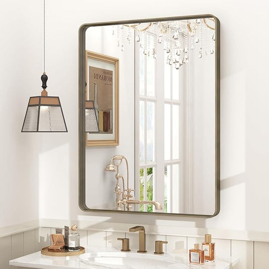 24x32 Bronze Bathroom Mirror, Rounded Rectangle Bronze Frame Mirror, Brushed Bronze Bathroom Vanity Mirror Wall-Mounted, Anti-Rust, Hangs Horizontally or Vertically
