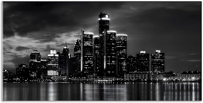NAN Wind Detroit Skyline Canvas Wall Art Cityscape Night Scene Black & White City Art Print on Canvas Modern Giclee Framed Painting for Room Decor Home Decor Detroit Skyline Picture Prints