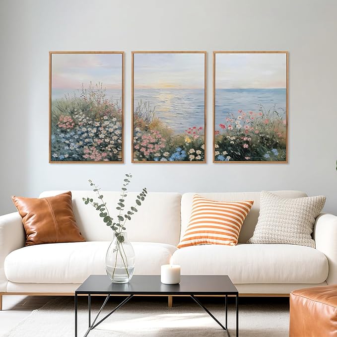 CHDITB Coastal Wildflowers Framed Canvas Wall Art Set, Coastal Floral Nursery Wall Decor, Seaside Sunset Artwork Spiritual Painting, Vintage Beach Art Prints For Living Room, Bedroom, Office 24"x36”x3