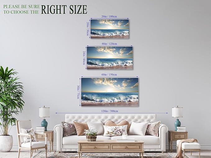 Ocean Canvas Wall Art Beach Sunset Waves Coast Nature Pictures Modern Artwork Blue Ocean Contemporary Canvas Art Giclee Prints Summer Season Painting Framed Ready to Hang for Home Decoration 24" x 48"