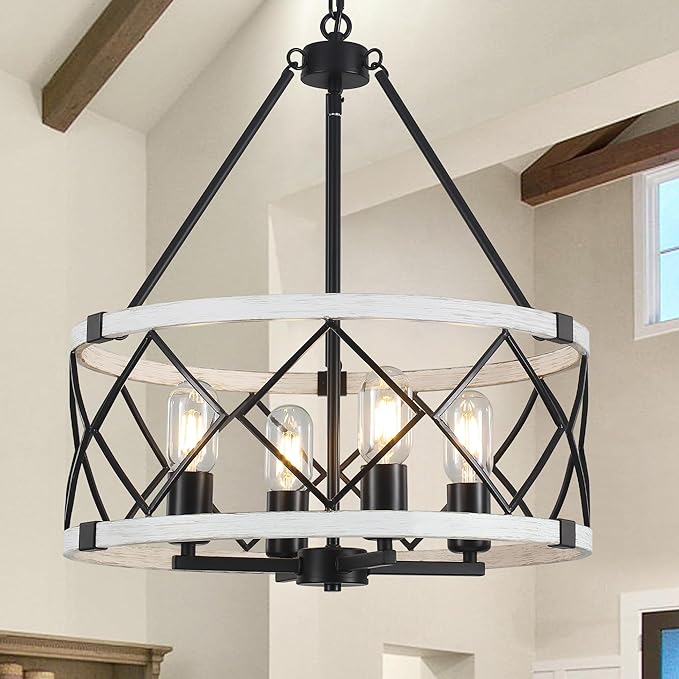 4-light Farmhouse Chandelier for Dining Room 17.7 inch Rustic Drum Chandeliers Adjustable Hanging Pendant Light Fixture for Kitchen Island Entryway Foyer Bedroom Living Room Hallway,Gray & Black,E26