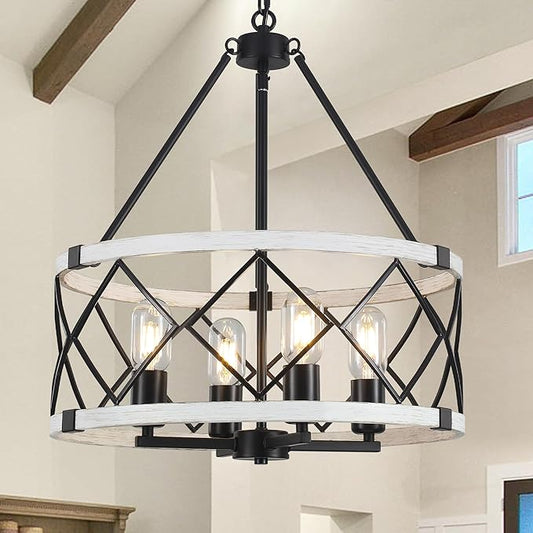 4-light Farmhouse Chandelier for Dining Room 17.7 inch Rustic Drum Chandeliers Adjustable Hanging Pendant Light Fixture for Kitchen Island Entryway Foyer Bedroom Living Room Hallway,Gray & Black,E26