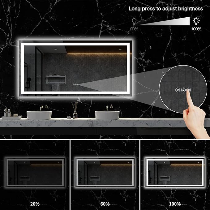 LOAAO 72X36 LED Bathroom Mirror with Lights, Anti-Fog, Dimmable, Backlit + Front Lit, Lighted Bathroom Vanity Mirror for Wall, Memory Function, Tempered Glass, ETL Listed