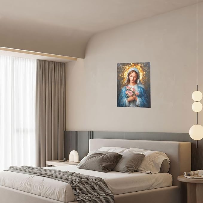 Christian Mary Wall Art Mary Mother Of God Canvas Wall Decor Catholic Blessed Mother with Roses Pictures Christ Paintings Prints Religious Bible Artwork Framed Decorations For Church Prayer Room Chapel Bathroom Bedroom Living Room Gifts 12" x 16"