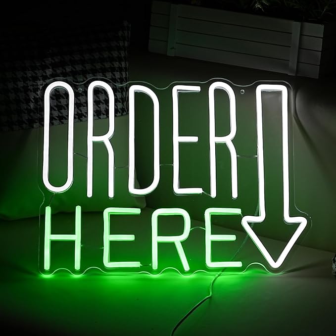 Order Here Neon Sign Cool White Green Letter Neon Light for Wall Decor Dimmable USB LED Light UP Words Sign for Restaurant Shop Bar Business Neon Wall Decor Sign (16.5‘’*11.2‘’）