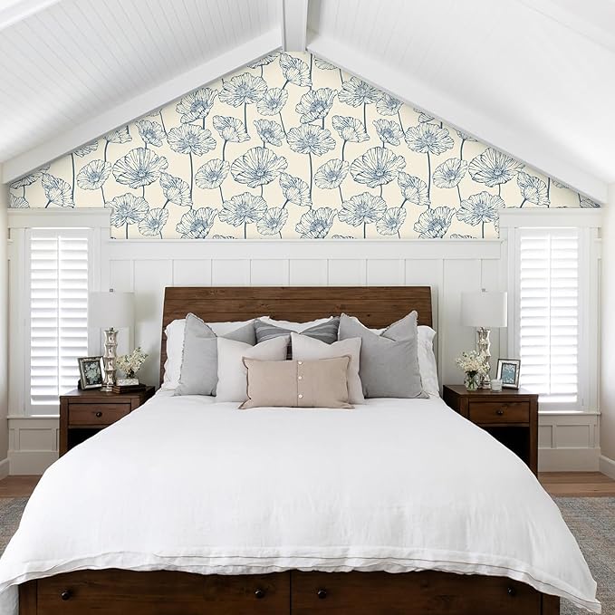 Orainege Peel and Stick Wallpaper Floral Contact Paper Blue and Beige Wallpaper 17.3inx393.7in Self Adhesive Wall Paper Boho Removable