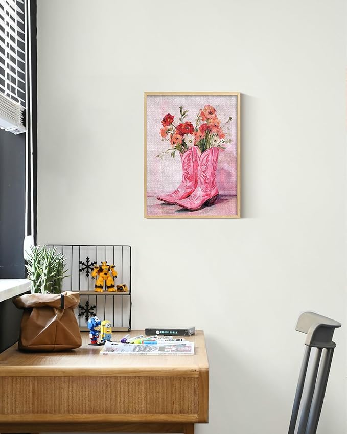 ARPEOTCY Small Framed Canvas Wall Art, 12x16in, Vintage Pink Cowgirl Boots Art, Trendy Western Wall Decor for Bedroom Coastal Room, College Girls Dorm Decor aesthetic
