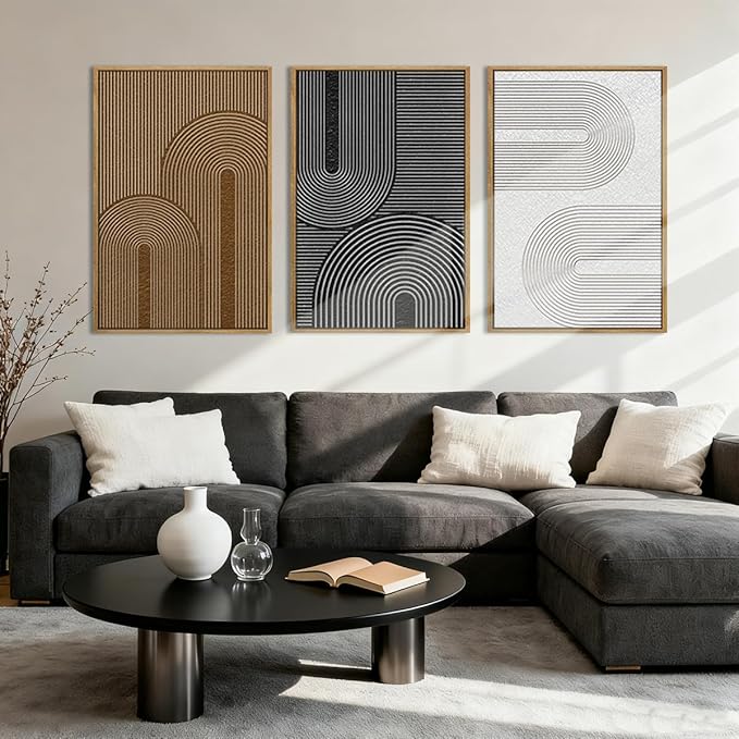BINCUE Extra Large Abstract Modern Wall Art Framed Dark Wall Painting Neutral Print Decor for Living Room Bedroom 24" Lx36 W Set of 3