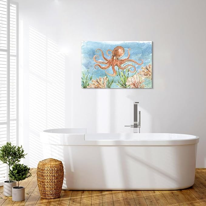 Octopus Canvas Wall Art Ocean Under Sea Life Painting Nautical Marine Life Coral Pictures Framed Artwork For Bathroom Bedroom Livingroom Wall Decor 24x16 Inch