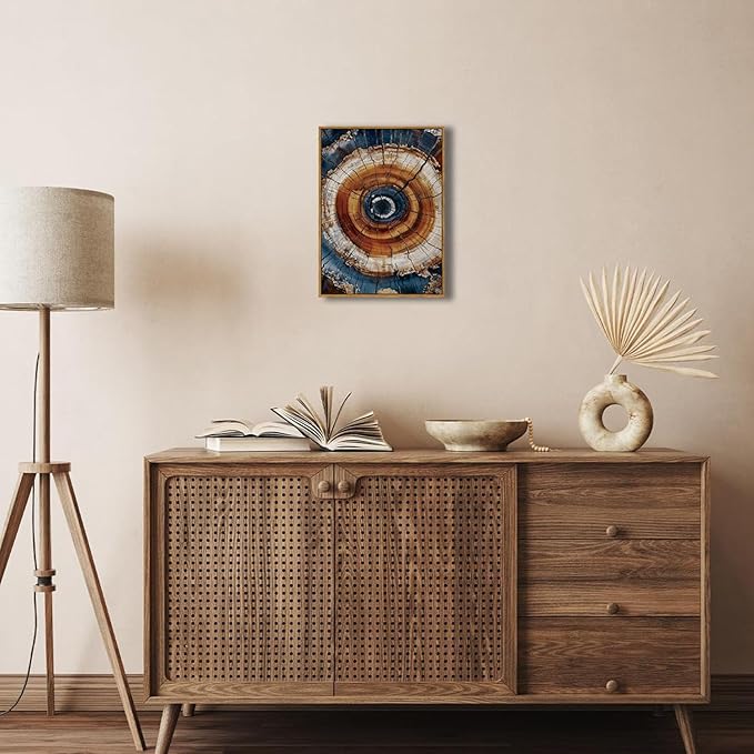 BingruiArt Framed Tree Ring Canvas Wall Art Abstract Wood Wall Decor Boho Modern Colorful Nature Painting Wood Stump Prints Pictures for Living Room Bedroom Bathroom Office 12"x16" Natural Framed(05)