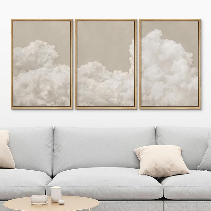 MUDECOR Framed Wall Art Print Set Serene Sky Filled with Fluffy Clouds Illustrations Modern Art Decorative Colorful Chic for Living Room, Bedroom, Office - 16"x24"x3 Natural
