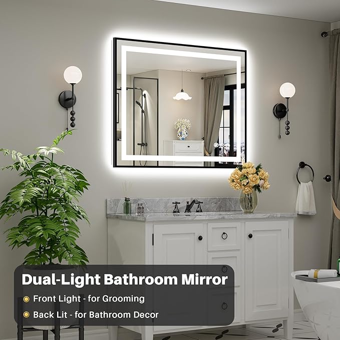 44x36 Inch LED Bathroom Mirror with Black Frame, Backlit & Front Lit, Anti-Fog Lighted Bathroom Vanity Mirror for Wall, Memory Function, Dimmable, HD Tempered Glass, Shatter-Proof
