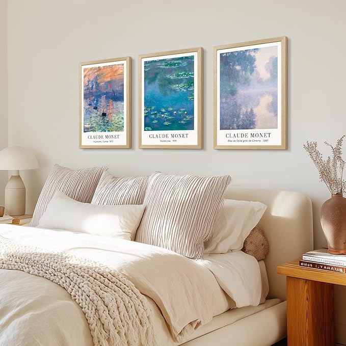 LLEEMPI Claude Monet Water Lilies Wall Art Set of 3, Maritime Sunrise Wall Decor, Vintage Aesthetic Botanical Canvas Prints, Classic Minimalist Poster Prints for Bedroom Office Wood Framed 12x16 Inch