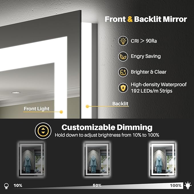 24"x36" LED Bathroom Mirror with Lights, Backlit & Front Lit, Anti-Fog Lighted Bathroom Vanity Mirror for Wall, Memory Function, Dimmable, HD Tempered Glass, Shatter-Proof