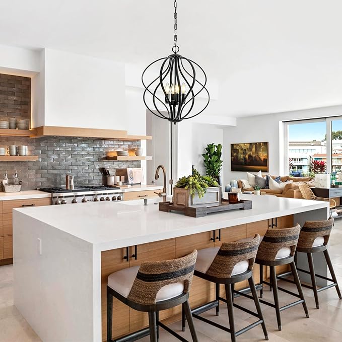 17” Modern Black Chandelier for Dining Room - 4-Light Industrial Sphere Pendant Light, Hanging Geometric Chandelier for Kitchen, Entryway, Foyer, Stairs