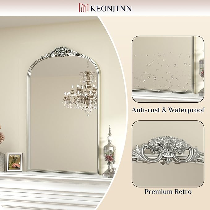 Keonjinn Vintage Mirror for Wall, 36" x 30" Silver Antique Mirrors with Metal Frame, Baroque Style Decoration for Mantle, Bathroom, Living Room, Fireplace, Bedroom, French Cleat Mounting