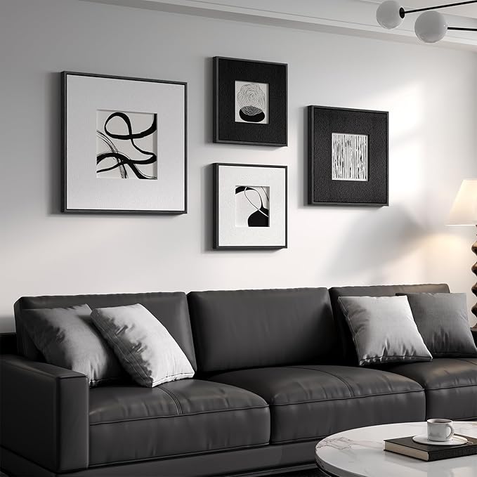 3D Textured Framed Black and White Abstract Wall Art for Living Room, 4 Piece Modern Artwork for Walls, Black White Minimalist Wall Paintings for Hallway Office Wall Decor