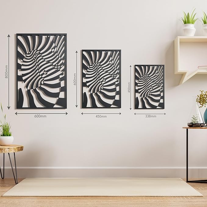 NEODECO Dancing Zebras Metal Wall Art, Black White Animal Wall Decor for home, 3d geometric illusion art sculpture for living room & for bedroom, (Black, Medium)