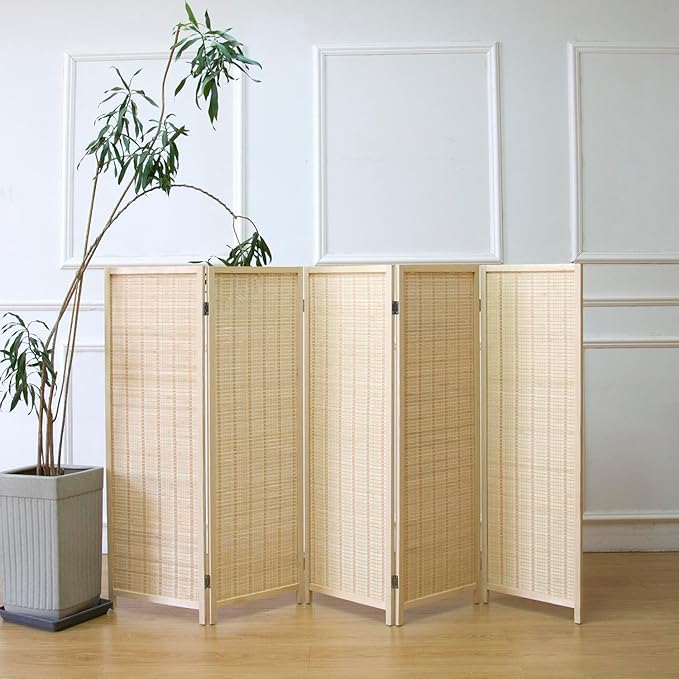 5 Panel Room Divider Short Folding Screen Divider,Double Sided Bamboo Panel Divider for Room Separation,Beige,47.2" H x 76.75" W