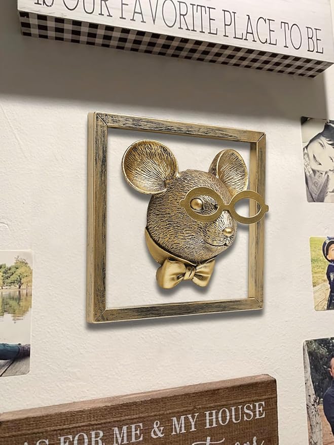 Newinhome Animal Heads Wall Decor (Includes Metal Frame) Resin Animals Sculptures Head Wall Hanging Decoration Gold vintage Wall Sculpture for Living Room Bedroom Office(Rat)