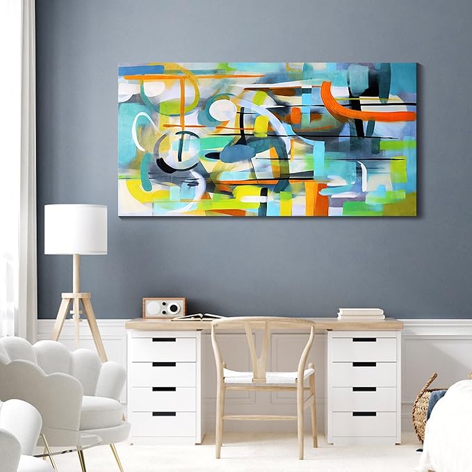 Mofutinpo Colorful Wall Art-Modern Abstract Canvas Wall Art-Teal And Blue Line Art -Pictures for Living Room Wall Decoration- Graffiti Paintings for Bedroom-Office Wall Decor 24×48in