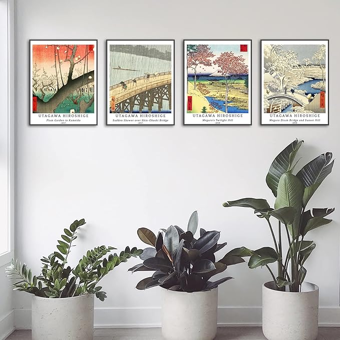 Berkin Arts Wall Art Unframed Prints Giclee Art Paper Set of 4, 11x14 inch Japanese Ukiyo-e Artwork, Bathroom Decoration Aesthetic Rustic Nature Colorful Wilderness Elegant Utagawa Hiroshige Poster
