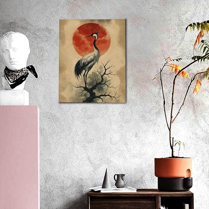 Japanese Crane Wall Art Oriental Asian Wall Decor Sandhill Crane Canvas Pictures Paintings Prints Japan Traditional Aesthetic Artwork Framed Chinese Decorations For Bedroom Living Room Office Gifts 16" x 20"