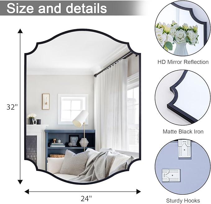 Chende Black Decorative Mirror, 32'' X 24'' Bathroom Mirror for Vanity Sink with Elegant Metal Frame, Modern Scalloped Mirror for Living Room, Mantel, Entryway, Dining Room