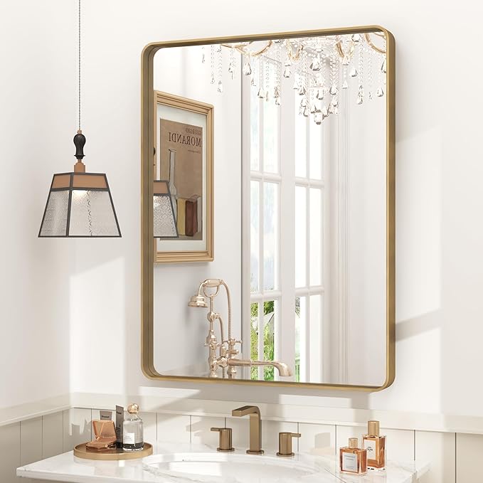 24x32 Gold Bathroom Mirror, Rounded Rectangle Gold Frame Mirror, Brushed Gold Brass Bathroom Vanity Mirror Wall-Mounted, Anti-Rust, Hangs Horizontally or Vertically