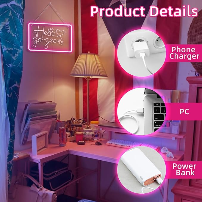 Lucunstar Hello Gorgeous Neon Sign,Led Sign,Pink Led Neon Light for Wall Decor,Neon Signs for Wall Decor,Light Sign for Wedding,Dimmable Switch USB with Neon Sign for Bedroom,Home Decor