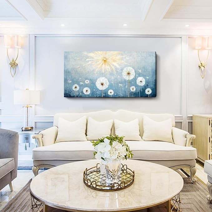 Nicetop Large Canvas Wall Art for Living Room- Floral Landscape Artwork Gallery Wrapped Nature Wildflower Dandelion Print Botanical Flower Picture Bedroom Office Decor,Blue and White, 48x24 Inch