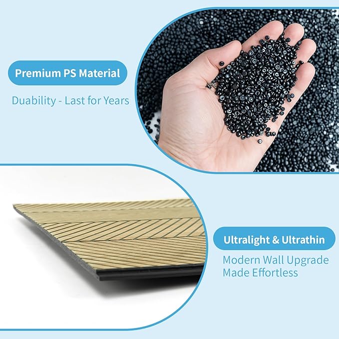 Art3d 4-Pack Glue-On Herringbone Wainscoting Panel for Interior Wall Decor - 104 x 12 Inch Polystyrene Ultralight Slim Slat Wall Panels for Living Room Bedroom, Oak