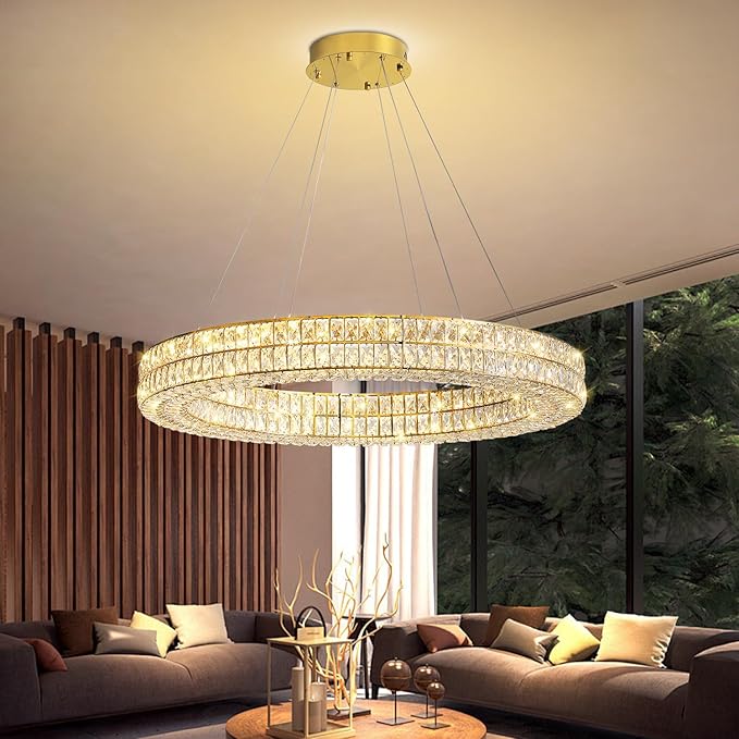 Led Ring Crystal Chandelier for Living Room, Modern Dimmable Chandeliers Lighting and Hanging Adjustable, LED Round Ceiling Chandelier for Dining Room (40inch,Gold)