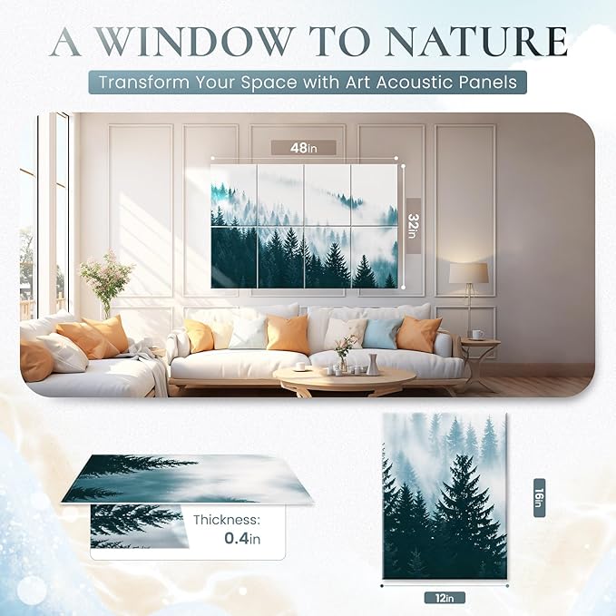 8 Pack Decorative Sound Absorbing Panels, Sound Absorbing Wall Art, 48X32 Inches Acoustic Wall Art for Decoration, Art Acoustic Panels, Acoustic Treatment, Adhesive Included, Misty Forest