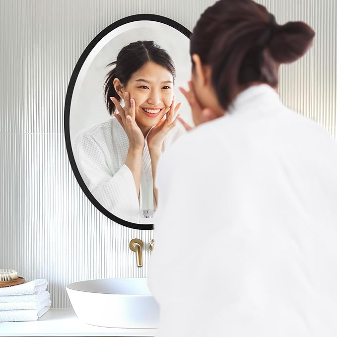 OVALCREST - Oval Wooden Beveled Wall Mirror for Home Decor, Bathroom, Vanity, Bedroom, Living Room, Hallway - London Style (Matte Black) 31.1 x 21.1