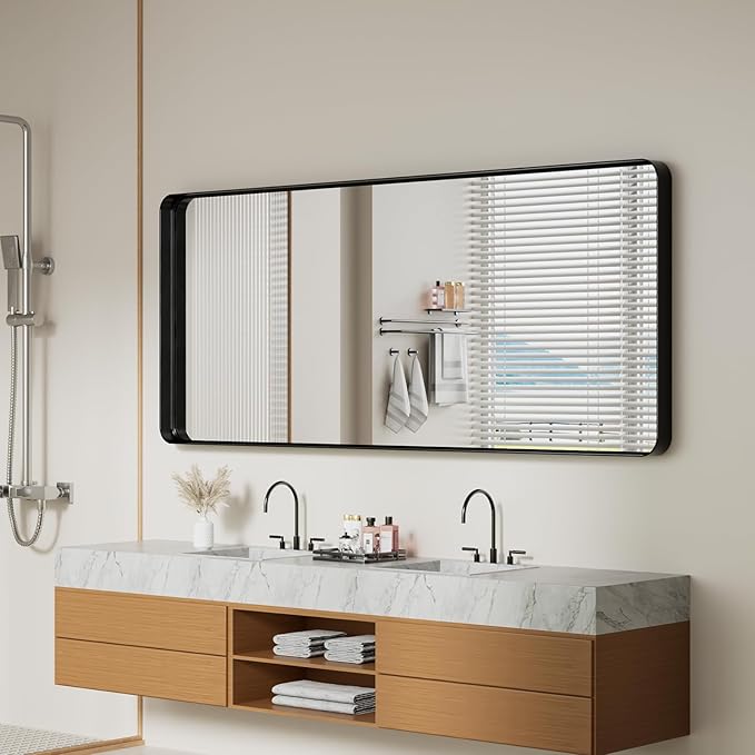 Koonmi Black Bathroom Mirror for Wall, 30x71 Inch Matte Metal Deep Framed Rounded Corner Wall Mirror, Shatterproof Tempered Glass for Farmhouse Bedroom Entryway, Vertically or Horizontally