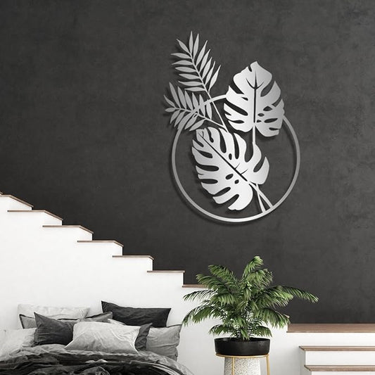Metal Palm Tree Wall Decor, Palm Leaves Metal Wall Art, Tropical Metal Art Wall Decor, Palm Leaf Wall Decor, Metal Leaf Wall Decor, Metal Plant Wall Decor, Metal Wall Art for Living Room (53x38 inches / 135x97.5 cm, Silver)