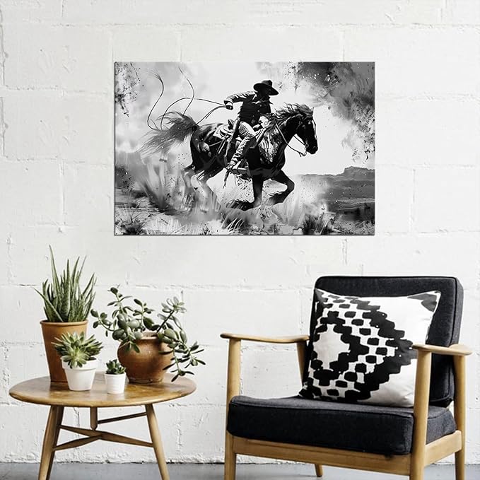 Black and White Western Cowboy Wall Art Pictures Southwestern Poster for Bedroom Living Room Office Home Decortion Prints Framed(12L" x 16W")