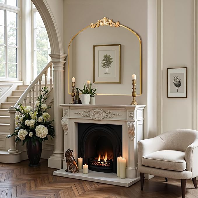 MISSDAY Vintage Arched Baroque Mirror for Wall, 36"X30" Antique Wall Mirror with Elegant Carving Top, Full Metal Frame Wall-Mounted Mirror for Bathroom, Living Room, Fireplace, Entryway, Hallway, Gold
