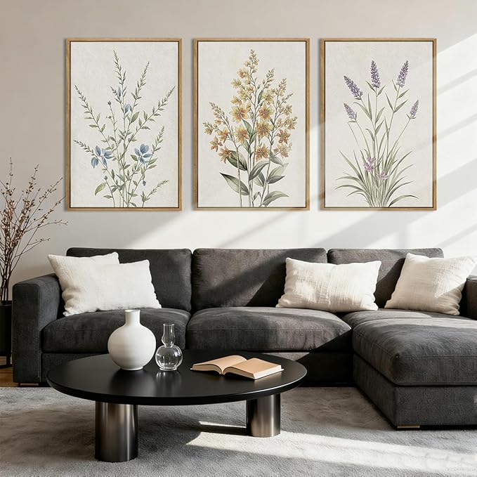 Anyzal Framed Minimalist Botanical Wall Art Large Neutral Floral Art Prints Modern Beige Wildflower Wall Decor for Living Room Bedroom Dining Room Office 16x24x3