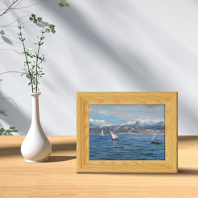 Brivoria Framed Canvas Wall Art Vintage Decor, Coastal Impressionist Seascape with Sailing Boats Ocean Reflections and Cloudy Sky for Kitchen Bathroom Shelf Display or Tabletop Decor, 8"x10"