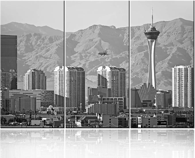 Black and White Picture USA City Skyline Canvas Wall Art -Vegas Cityscape. Las Vegas, Nevada Downtown Skyline. United States - Gallery Wrap Modern Home Decor | Ready to Hang - 20x40 inch x 3 panels