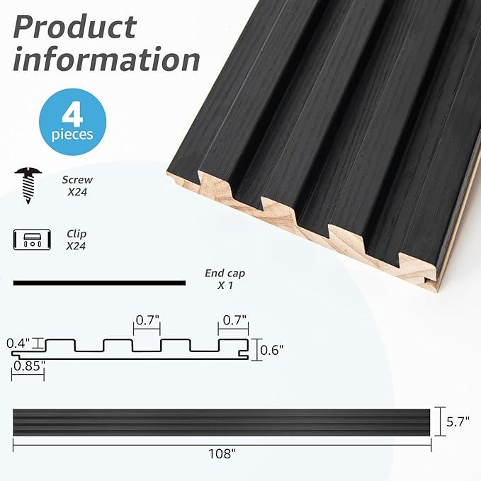Art3d Slat Wood Wall Paneling for Interior and Ceiling Decoration - Pack of 4pcs + 1pc End-Trim, Size 108 x 5.7in.- Black