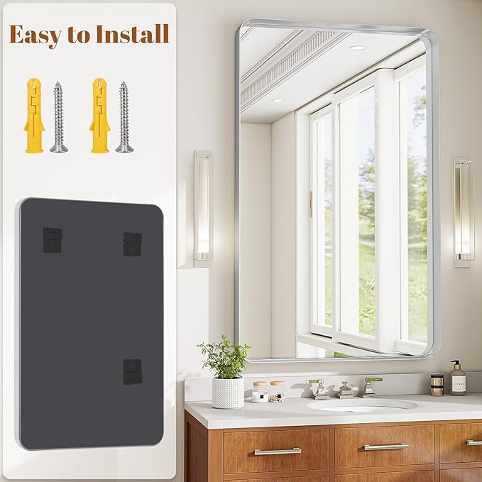 Bathroom Mirror Vanity for Over Sink Wall Mirror - 30x48 Inch Rounded Corner Rectangle Aluminum Frame Mirror,Hangs Horizontally or Vertically for Living Room Bedroom or Entryway Silver