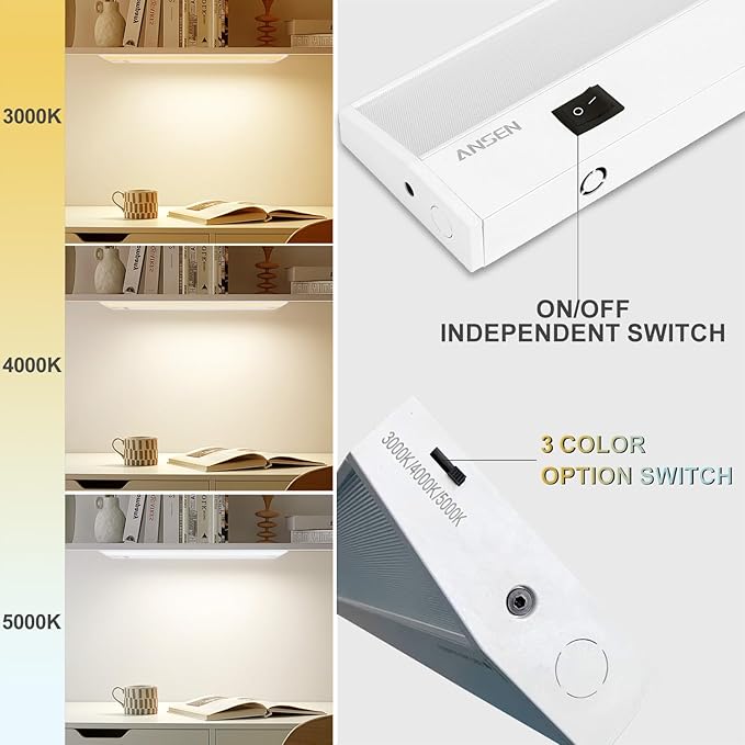 Ansen 2Packs of Under Cabinet Lighting Hardwired, 48in 26W 1720LM Dimmable Led Light for Kitchen/Closet, CRI 92+, R9 90+, 3 Color Temperature, 3000K/4000K/5000K(Warm White, Cool White, Daylight)