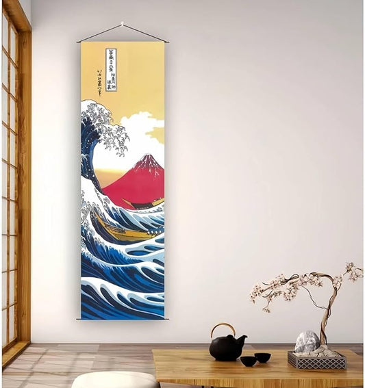 Japanese Scroll Oriental Wall Art Decor, Long Vertical Tapestry, Ukiyo-e The Great Wave Off Kanagawa by Hokusai - W15.7" x H47.2" - for Living Room,Bedroom,or Office Sushi bar Asian Restaurant CTT-18