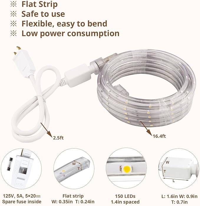 LED Rope Lights, 33Feet Green Flat Flexible Strip Light, Plug in Novelty Lighting, Connectable and Waterproof for Home Christmas Holiday Garden Patio Party Decoration