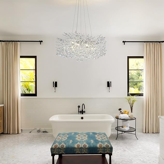 Modern Crystal Chandeliers for Dining Room, 40" Round Silver Tree Branches Chandeliers, Large Dining Room Over Table Chandeliers Lights Fixture, Branches and Crystals Ceiling Light Fixtures