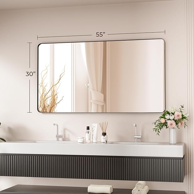 Black Bathroom Mirror 55X30 Inch Bathroom Vanity Mirror for Wall, Metal Frame Large Mirror, Tempered Glass, Modern Wall Mirror for Bathroom, Farmhouse, Horizontally or Vertically Hanging